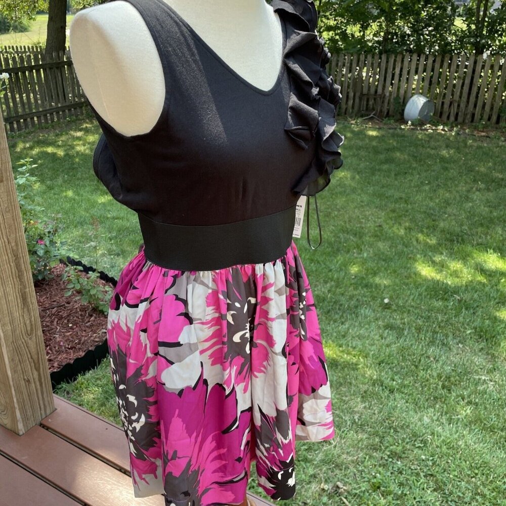 Elle Black & Pink Floral Dress With Ruffle One-Shoulder Detail XS